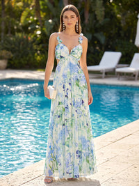 A-Line/Princess Spaghetti Straps Floral Print Floor-Length Formal Dresses with Pleats