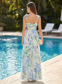 A-Line/Princess Spaghetti Straps Floral Print Floor-Length Formal Dresses with Pleats