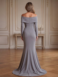 Mermaid/Trumpet Off Shoulder Stretch Jersey Maxi Formal Dresses with Sweep Train & Ruched Bodice
