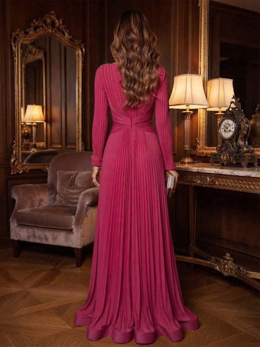 A-Line/Princess Scoop Neck Chiffon Floor-Length Formal Dresses with Pleats & Ruched Waist