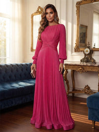 A-Line/Princess Scoop Neck Chiffon Floor-Length Formal Dresses with Pleats & Ruched Waist