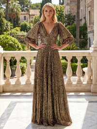 A-Line/Princess V-Neck Sequin Floor-Length Formal Dresses with Pleats