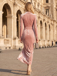 Sheath/Column V-Neck Velvet Tea-Length Formal Dresses with Ruched Waist & Slit