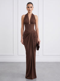 Sheath/Column Halter Chiffon Maxi Formal Dresses with Corset Bodice & Ruched Waist