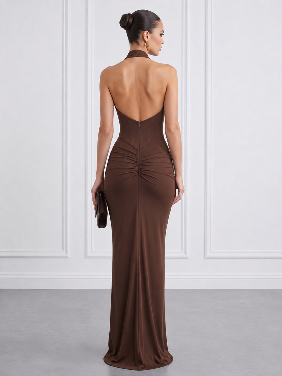 Sheath/Column Halter Chiffon Maxi Formal Dresses with Corset Bodice & Ruched Waist