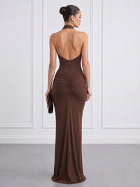 Sheath/Column Halter Chiffon Maxi Formal Dresses with Corset Bodice & Ruched Waist