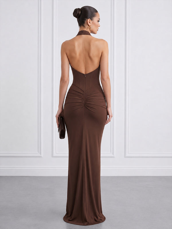 Sheath/Column Halter Chiffon Maxi Formal Dresses with Corset Bodice & Ruched Waist