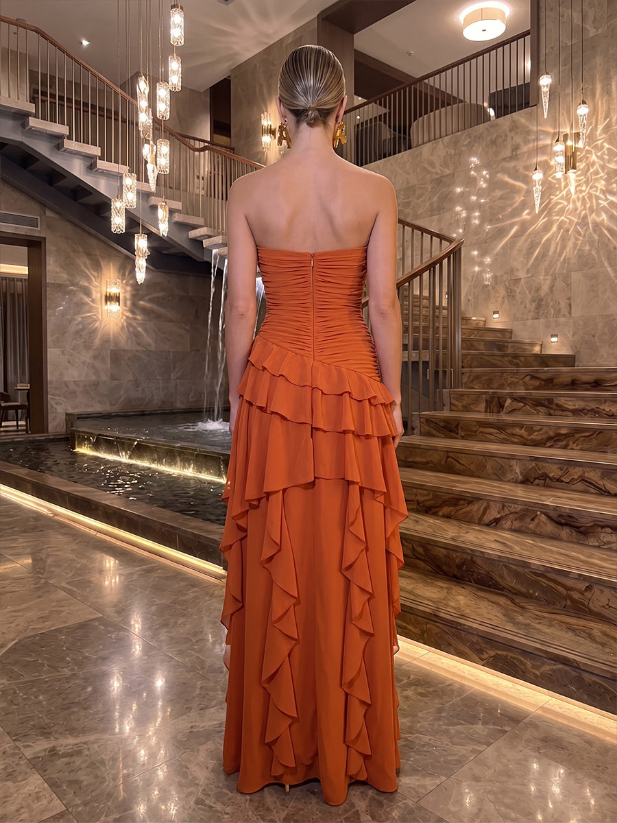 A-Line/Princess Strapless Chiffon Maxi Formal Dresses with Ruffles & Ruched Waist