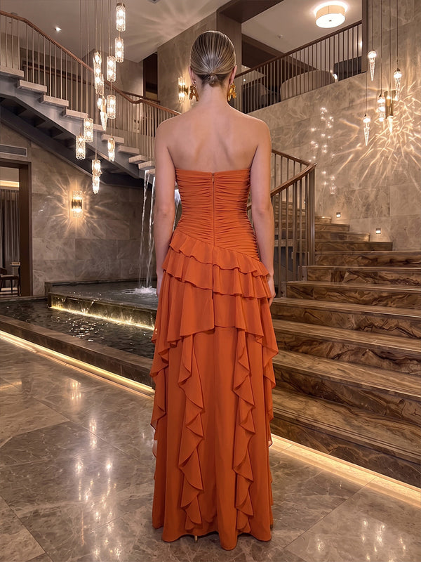 A-Line/Princess Strapless Chiffon Maxi Formal Dresses with Ruffles & Ruched Waist
