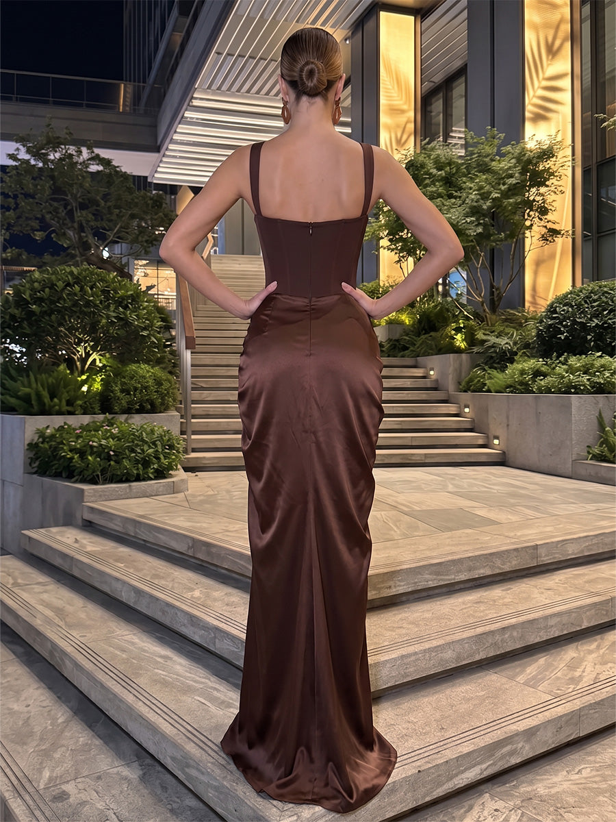 Sheath/Column Sweetheart Satin Maxi Formal Dresses with Ruched Waist & Slit