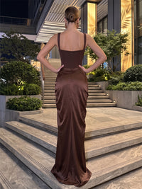 Sheath/Column Sweetheart Satin Maxi Formal Dresses with Ruched Waist & Slit