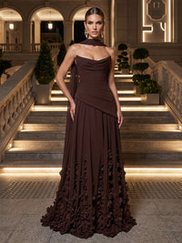 A-Line/Princess Strapless Chiffon Maxi Formal Dresses with Scarf, 3D Flowers, Ruched Waist & Pleats