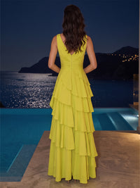 A-Line/Princess V-Neck Chiffon Maxi Formal Dresses with Ruched Bodice, Tiered Layers & Ruffles