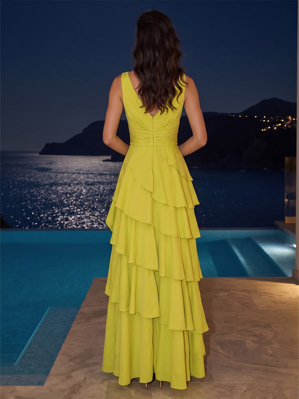 A-Line/Princess V-Neck Chiffon Maxi Formal Dresses with Ruched Bodice, Tiered Layers & Ruffles