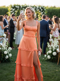 Sheath/Column Floor-Length Wedding Guest Dresses with Tiered Ruffles Hem