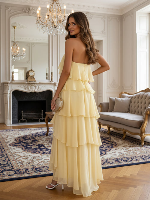 A-Line/Princess Tiered Halter Floor-Length Wedding Guest Dresses