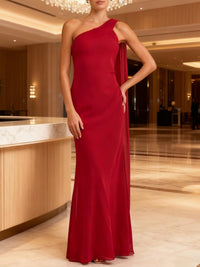 Sheath/Column Asymmetrical Neck Floor-Length Wedding Guest Dresses with Drape