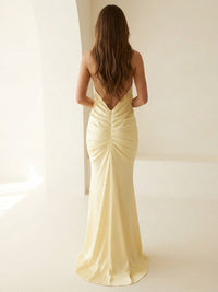 Deep V Neck Satin Floor-Length Formal Bridesmaid Dresses Ruched Mermaid