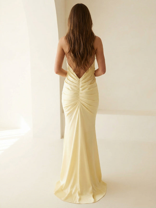 Deep V Neck Satin Floor-Length Formal Bridesmaid Dresses Ruched Mermaid