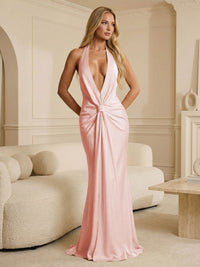 Deep V Neck Satin Floor-Length Formal Bridesmaid Dresses Ruched Mermaid