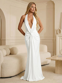 Deep V Neck Satin Floor-Length Formal Bridesmaid Dresses Ruched Mermaid