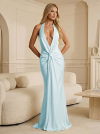 Deep V Neck Satin Floor-Length Formal Bridesmaid Dresses Ruched Mermaid