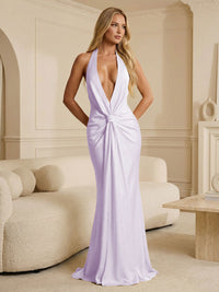 Deep V Neck Satin Floor-Length Formal Bridesmaid Dresses Ruched Mermaid