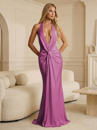 Deep V Neck Satin Floor-Length Formal Bridesmaid Dresses Ruched Mermaid