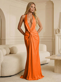 Deep V Neck Satin Floor-Length Formal Bridesmaid Dresses Ruched Mermaid