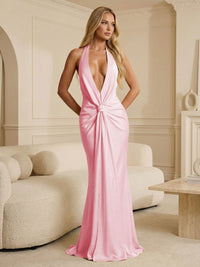 Deep V Neck Satin Floor-Length Formal Bridesmaid Dresses Ruched Mermaid