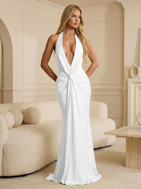 Deep V Neck Satin Floor-Length Formal Bridesmaid Dresses Ruched Mermaid