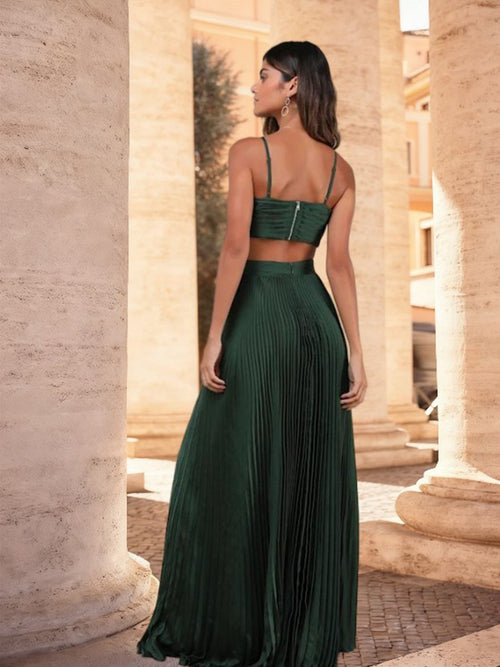 A-Line/Princess V-Neck Spaghetti Strap Floor-Length Formal Wedding Guest Dresses with Pleated Satin