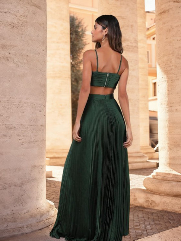 A-Line/Princess V-Neck Spaghetti Strap Floor-Length Formal Wedding Guest Dresses with Pleated Satin