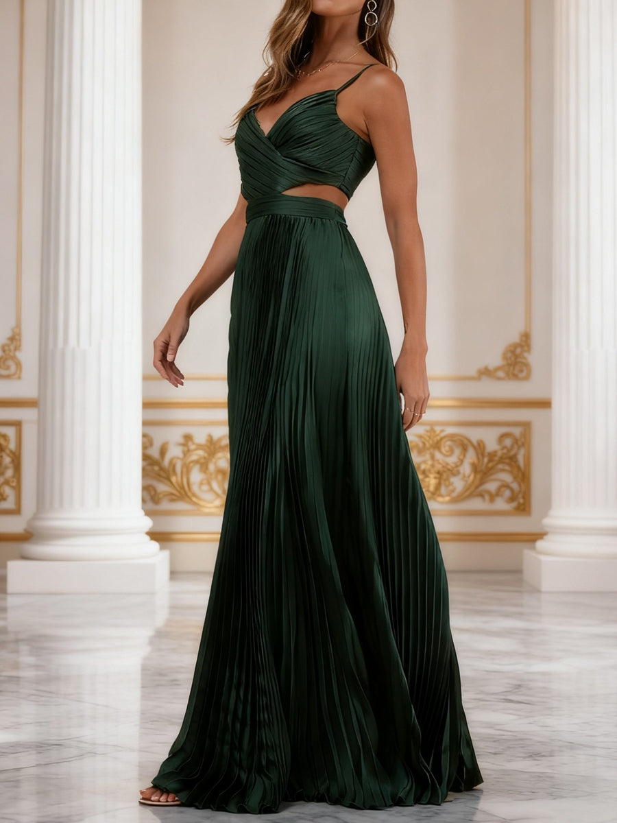 A-Line/Princess V-Neck Spaghetti Strap Floor-Length Formal Wedding Guest Dresses with Pleated Satin