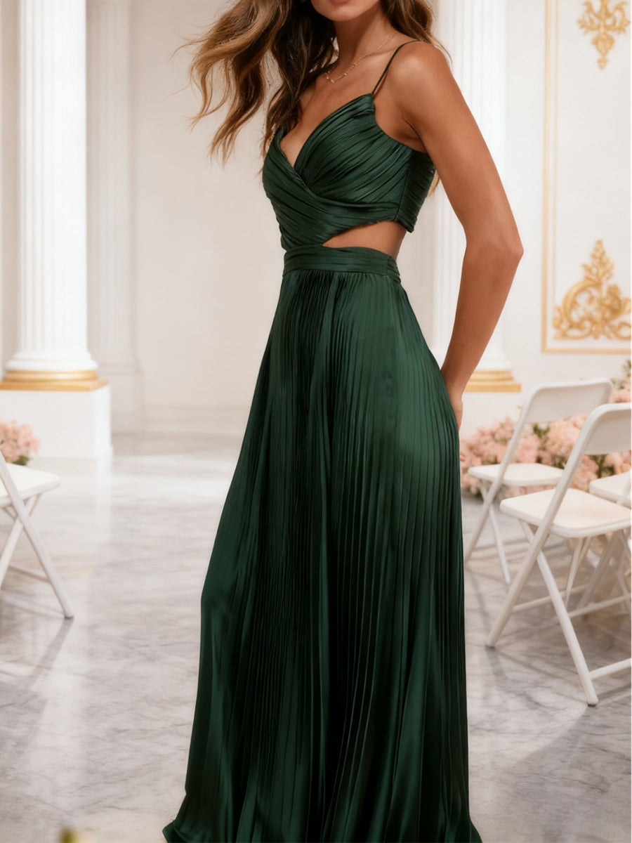 A-Line/Princess V-Neck Spaghetti Strap Floor-Length Formal Wedding Guest Dresses with Pleated Satin