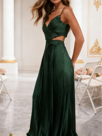 A-Line/Princess V-Neck Spaghetti Strap Floor-Length Formal Wedding Guest Dresses with Pleated Satin