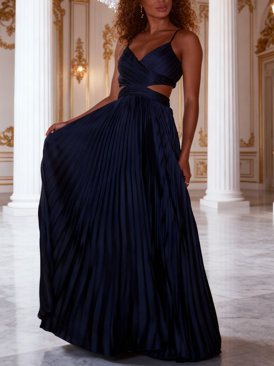 A-Line/Princess V-Neck Spaghetti Strap Floor-Length Formal Wedding Guest Dresses with Pleated Satin
