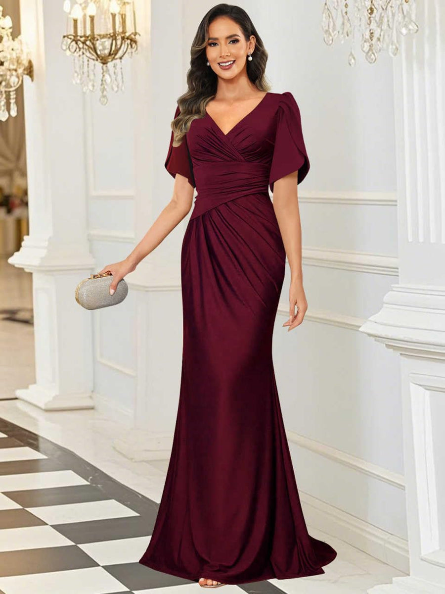 Mermaid/Trumpet V-Neck Short Sleeve Ruched Floor-Length Formal Wedding Guest Dresses