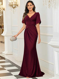 Mermaid/Trumpet V-Neck Short Sleeve Ruched Floor-Length Formal Wedding Guest Dresses