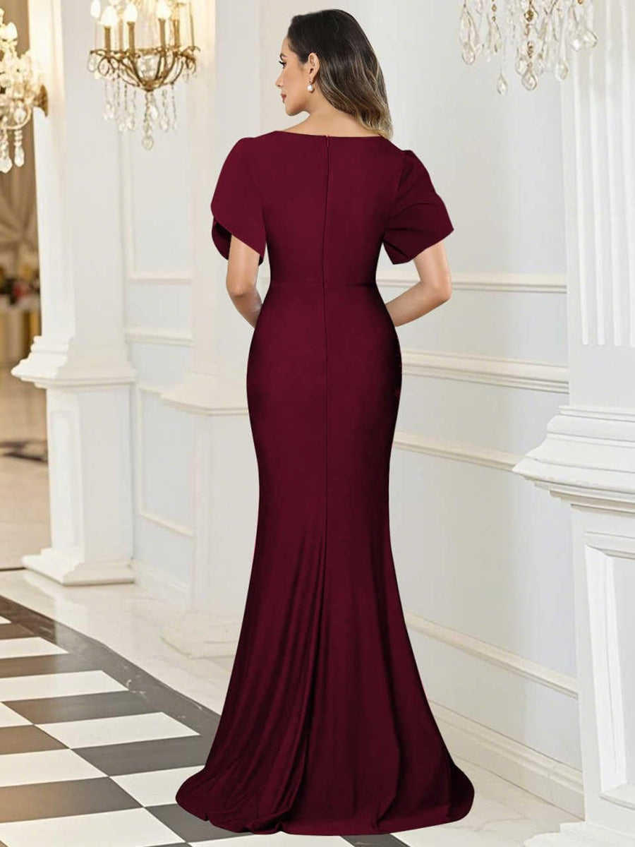Mermaid/Trumpet V-Neck Short Sleeve Ruched Floor-Length Formal Wedding Guest Dresses