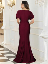 Mermaid/Trumpet V-Neck Short Sleeve Ruched Floor-Length Formal Wedding Guest Dresses