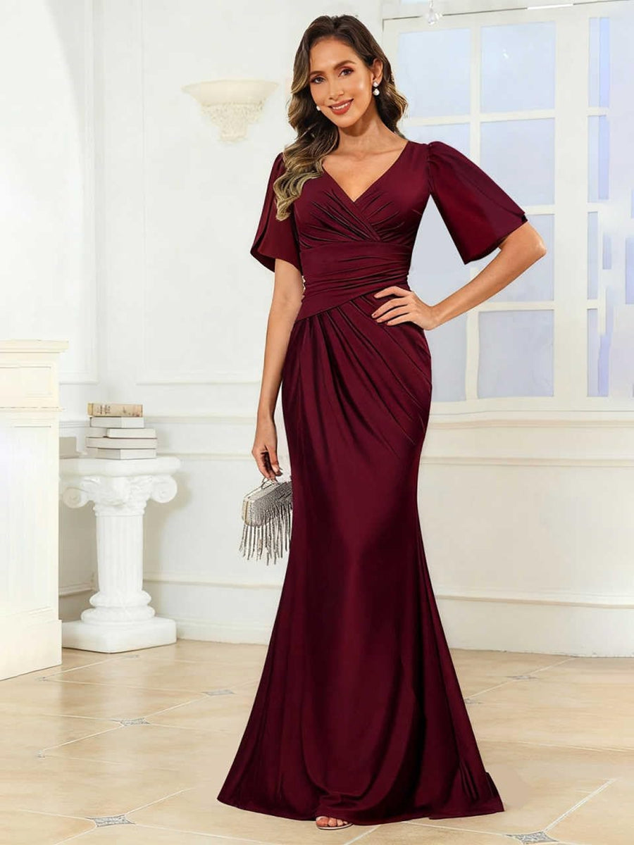 Mermaid/Trumpet V-Neck Short Sleeve Ruched Floor-Length Formal Wedding Guest Dresses