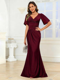 Mermaid/Trumpet V-Neck Short Sleeve Ruched Floor-Length Formal Wedding Guest Dresses