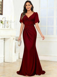 Mermaid/Trumpet V-Neck Short Sleeve Ruched Floor-Length Formal Wedding Guest Dresses