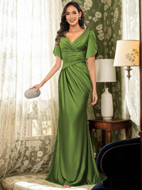 Mermaid/Trumpet V-Neck Short Sleeve Ruched Floor-Length Formal Wedding Guest Dresses