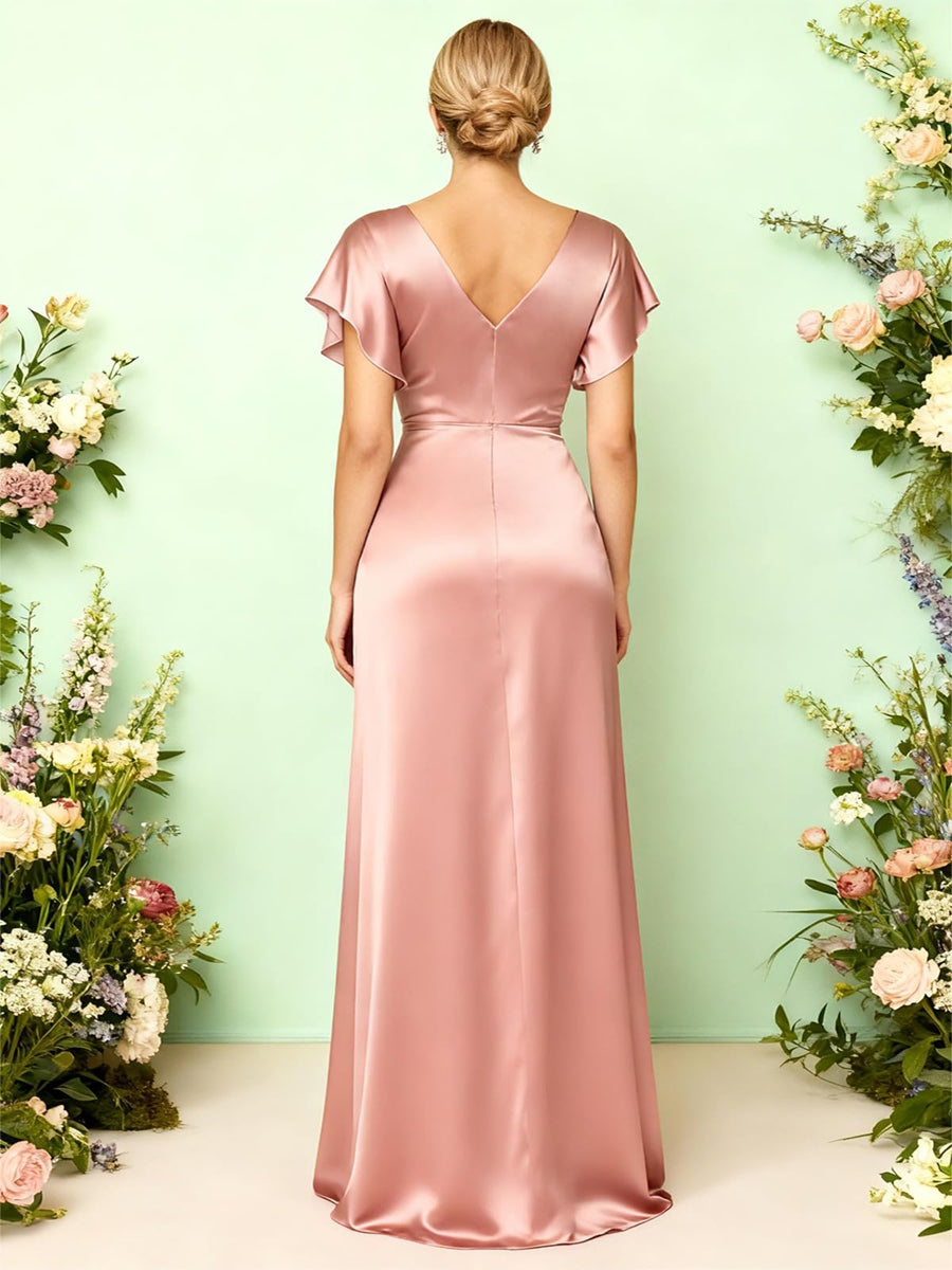 Sheath/Column V-Neck Short Sleeve Ruched Floor-Length Formal Wedding Guest Dresses