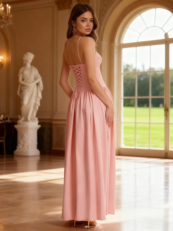 A-Line/Princess Spaghetti Strap Drop Waist Floor-Length Wedding Guest Dresses with Scarf