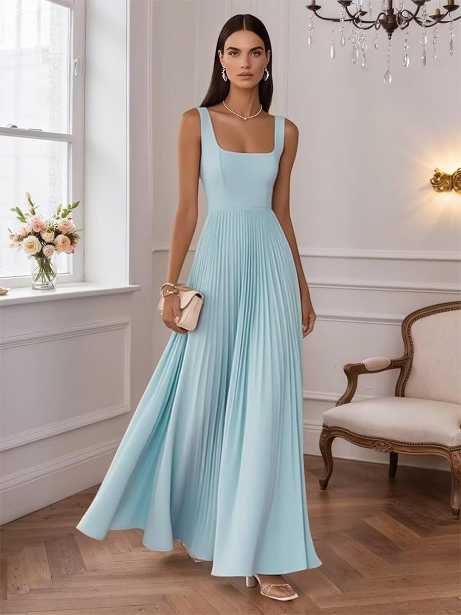 A-Line/Princess Square Neck Floor-Length Wedding Guest Dresses with Pleated Satin