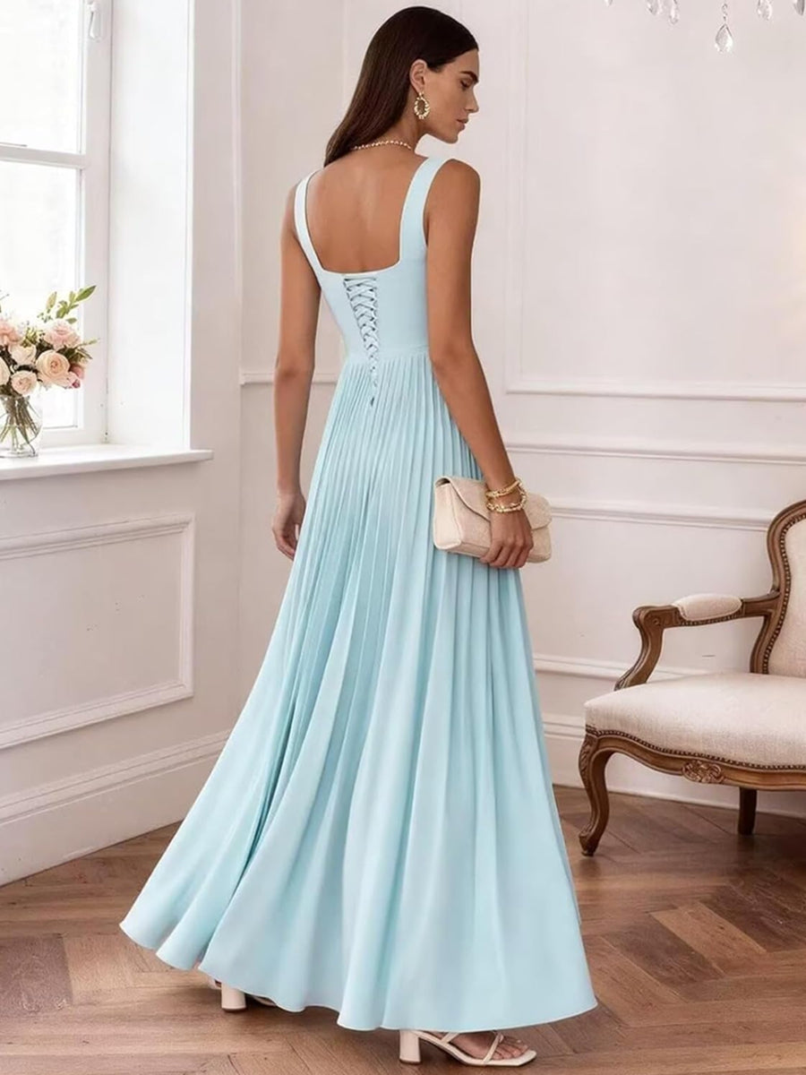 A-Line/Princess Square Neck Floor-Length Wedding Guest Dresses with Pleated Satin
