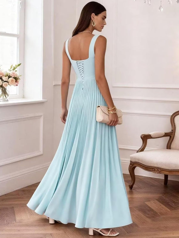 A-Line/Princess Square Neck Floor-Length Wedding Guest Dresses with Pleated Satin